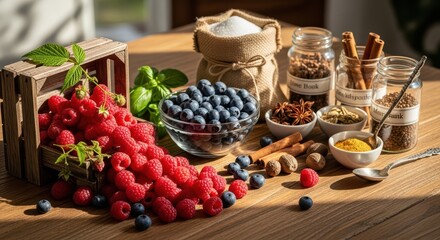 Raspberries and blueberries with assorted spices on sunlit wooden table