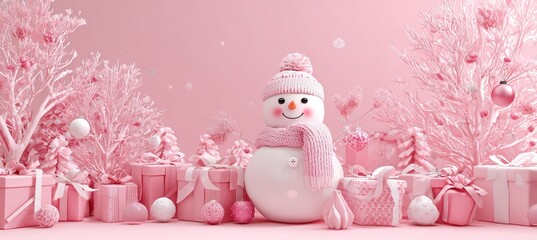 Cute Pink Christmas Snowman With Gifts and Decor