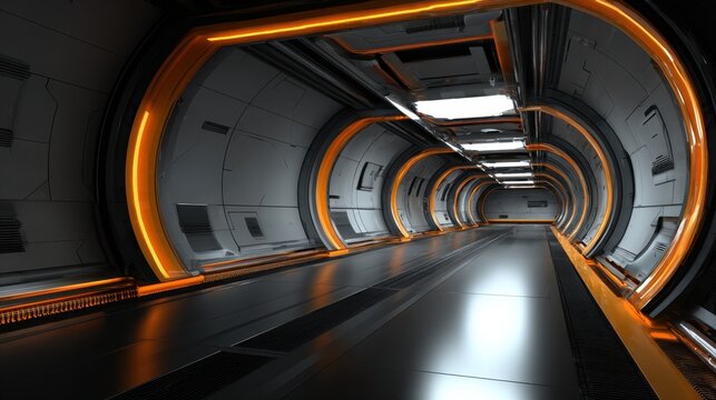 A long, narrow tunnel with orange lighting. The tunnel is empty and he is a part of a futuristic space station