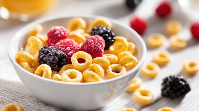 A bowl filled with circular cereal pieces sits on a white cloth. Fresh blackberries and raspberries are scattered around creating a colorful breakfast scene in soft light.