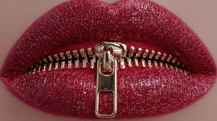 Lips shaped as a zipper, red and gold textured material, close up of a mouth that is closed with a gold zipper, concepts of silence and censorship