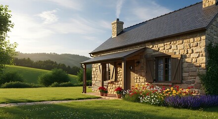 Charming stone cottage nestled in a lush green countryside with rolling hills and warm sunlight