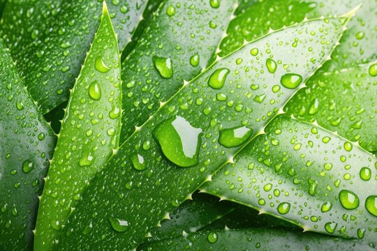 Close-Up of Green Aloe Vera Plant with Fresh Water Droplets - Powered by Adobe