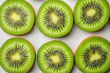 Fototapeta premium Close-Up of Green Kiwi Slices with Fresh Seeds on White Background