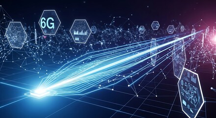 Futuristic abstract digital network with glowing 6g technology and data streams