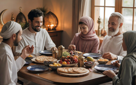 A warm, intimate photograph of a multi-generational family gathered around a wooden dining table during Ramadan iftar. The family members, dressed in modest traditional and modern clothing, sit togeth