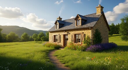 Charming stone cottage nestled in a lush green meadow with rolling hills and trees