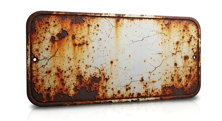 Close up of a heavily rusted metal sign with peeling paint and weathered texture