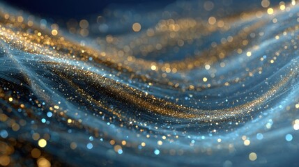 Abstract gold sparkles flowing like dust particles on blue backdrop creating bokeh effect for stock market applications