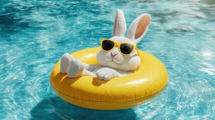 A rabbit is floating in a yellow inflatable pool. The rabbit is wearing sunglasses and he is enjoying the water