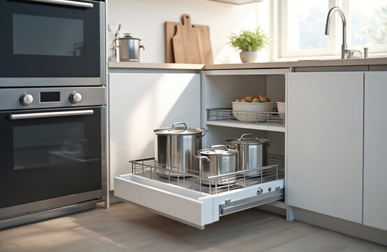 Modern kitchen with pull out drawer for cookware storage. Stylish, contemporary design featuring stainless steel pots. Interior arrangement shows elegant cabinetry, modern appliances. Photo presents