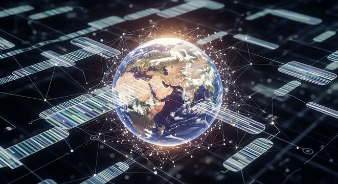Digital earth with glowing connections and data streams representing global network and technology