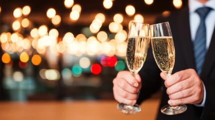A close-up of two champagne flutes being held in a celebratory toast, with warm golden bokeh lights glowing in the background, creating a luxurious holiday or New Year atmosphere