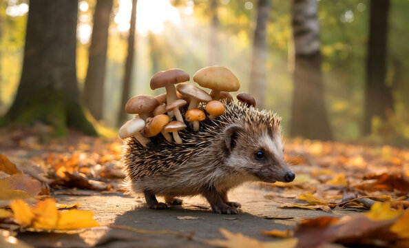 hedgehog in autumn forest