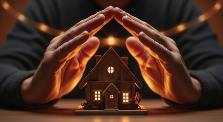 Hands protect a miniature illuminated house symbolizing home security and safety