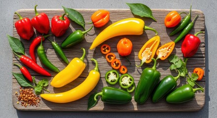 Colorful assortment of fresh peppers on wooden cutting board