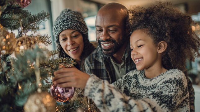 Happy Black family of three decorating a Christmas tree at home