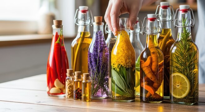 Diverse infused oils with herbs and spices arranged on wooden counter