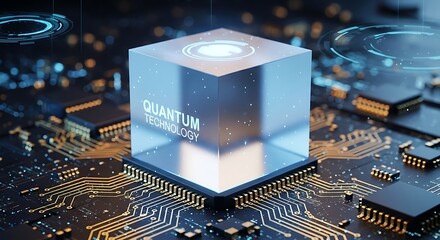 Futuristic quantum computer processor with glowing blue light on circuit board