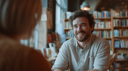 Fototapeta premium In a warm library setting, a woman and a man engage in conversation at a table, surrounded by shelves filled with books. The man and woman appear to enjoy each other’s company in t