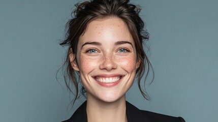 Smiling blonde woman with freckles looks directly at viewer in an office setting with professional attire