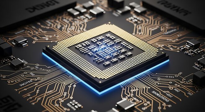 Close up of a futuristic glowing computer processor chip on a circuit board with blue light