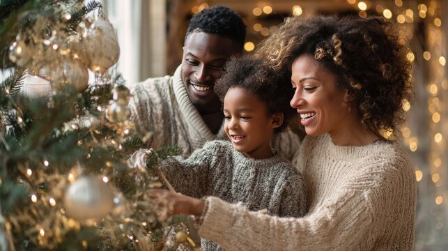 Happy Black family of three decorating a Christmas tree at home