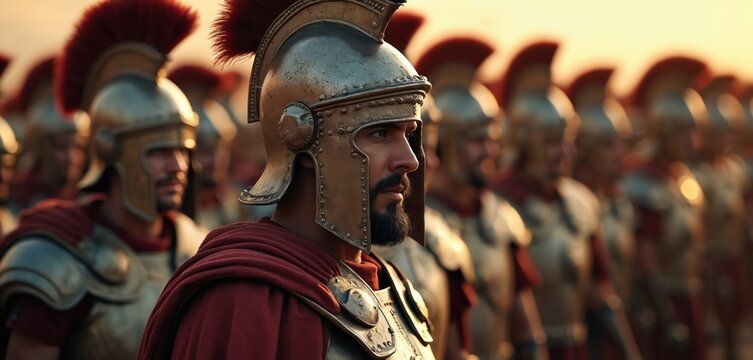 Troops of roman legionnaires stand armored ready for fight. Group of ancient soldiers with helmets, red cape prepare for war. Bearded legionary portrait. Historical roman empire army on battlefield. - Powered by Adobe