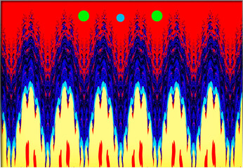 A strikingly symmetrical composition where vivid peaks rise like a digital terrain, charged with bold red, blue, and green energy.