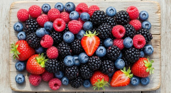Assorted fresh berries: strawberries, raspberries, blueberries, and blackberries on wooden board