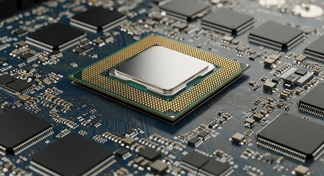 Close up of a central processing unit cpu chip on a computer motherboard