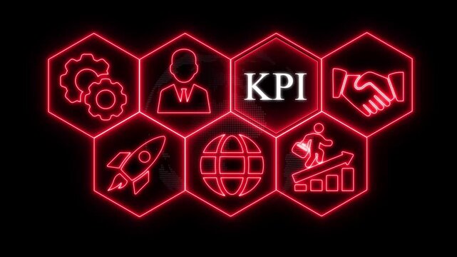 Glowing Red Neon Hexagons Displaying KPI Icons and Text on Black Background key performance indicator