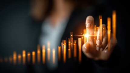 Businesswoman analyzes business performance charts with her finger, interacting with digital interface for market investment and growth analysis