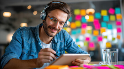 Man in headphones sketching UX wireframes on tablet at coworking desk, sticky notes, design thinking, with copy space