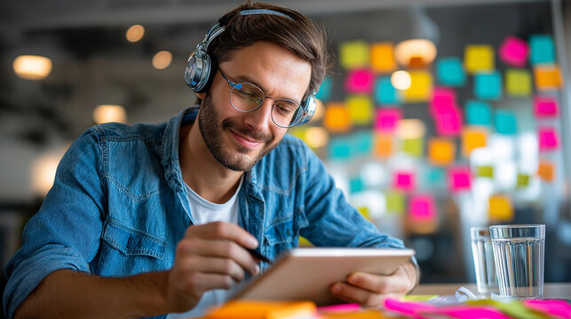 Man in headphones sketching UX wireframes on tablet at coworking desk, sticky notes, design thinking, with copy space - Powered by Adobe