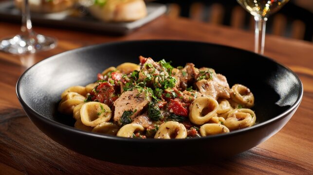 A black bowl of pasta with meat and vegetables. The bowl is on a wooden table. There is a wine glass and a plate of bread in the background