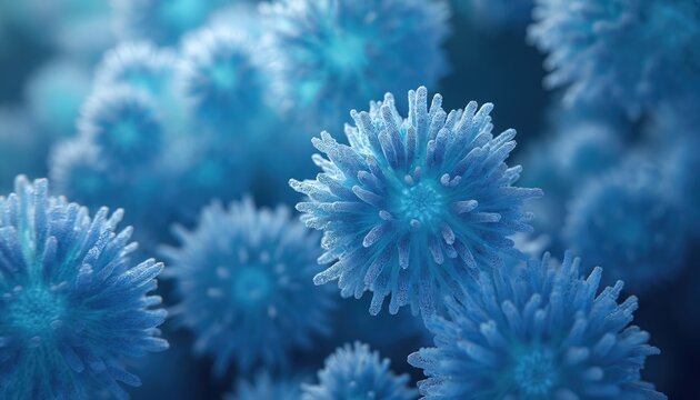 Macro view shows blue cells with detailed structure, texture. Microscopic image shows intricate pattern, organic shapes. Cell biology, medicine research concepts presented. Great for educational