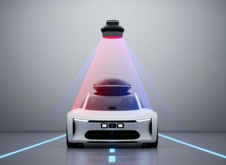 Futuristic white autonomous car with prominent roof-mounted LIDAR sensor emitting red and blue scanning beams, navigating a digital blue path on a clean grey background.