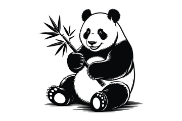 Charming panda bear sitting and holding bamboo illustration