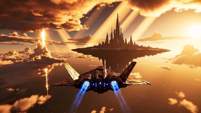 futuristic jet flying toward a dark, floating citadel above golden clouds with god rays and a distant explosion in an an epic fantasy scene