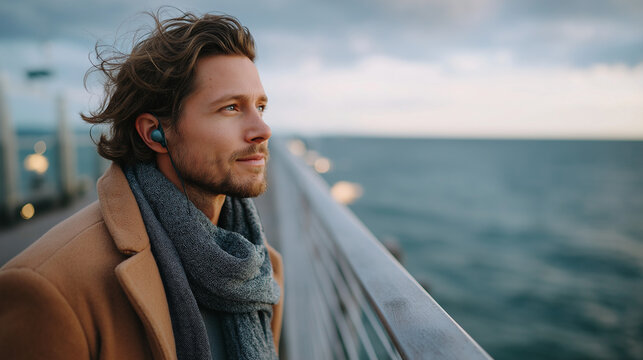 Man in headphones waiting at pier railing, sea horizon, wind in coat, cinematic travel mood, with copy space - Powered by Adobe