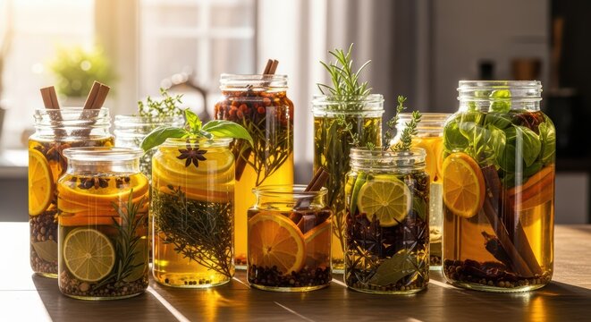 Assorted herbal infused water jars with citrus and spices on sunlit kitchen table