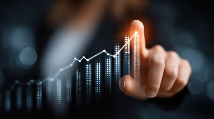 Businesswoman analyzes business performance charts with her finger, interacting with digital interface for market investment and growth analysis