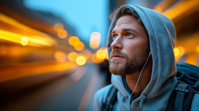 Portrait of courier man in hoodie and headphones with delivery backpack, city street, motion blur, with copy space