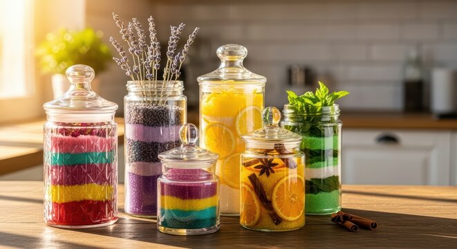 Colorful layered sugar and spice jars with fresh herbs and citrus in sunlit kitchen - Powered by Adobe