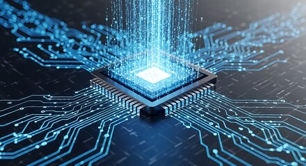 Futuristic microchip with glowing blue data streams and circuitry