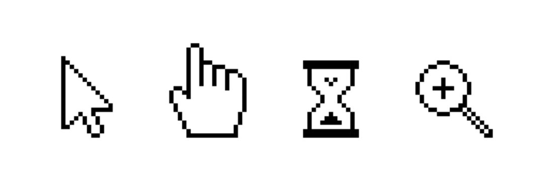 Pixelated Cursor icons, set of four black icons including a mouse arrow, hand pointer, sand-filled hourglass, and magnifying glass, retro 8-bit pointer symbols, Pixel art, vector illustration. 