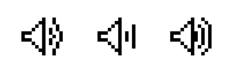 Fototapeta premium Pixelated speaker icons showing mute low and high volume levels, Retro Audio Symbol Set, Digital Sound Vector, Minimal Volume Control Graphic, Pixel art, vector illustration. 