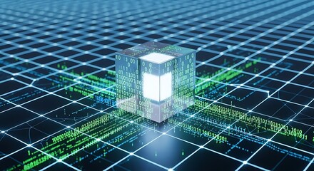Abstract glowing digital cube at the center of a futuristic grid network