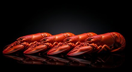 Premium Cooked Lobsters on Black Background Luxury Seafood Presentation with Reflection
